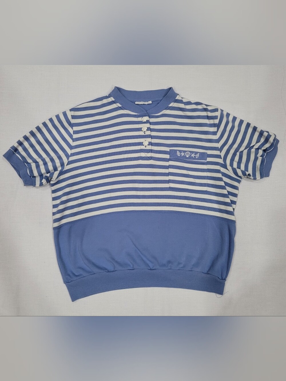 Alfred Dunner Blue & White Striped Sea Shell Button Top